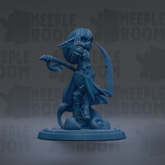 A blue figurine of a character with a sword and shield, standing on a base.