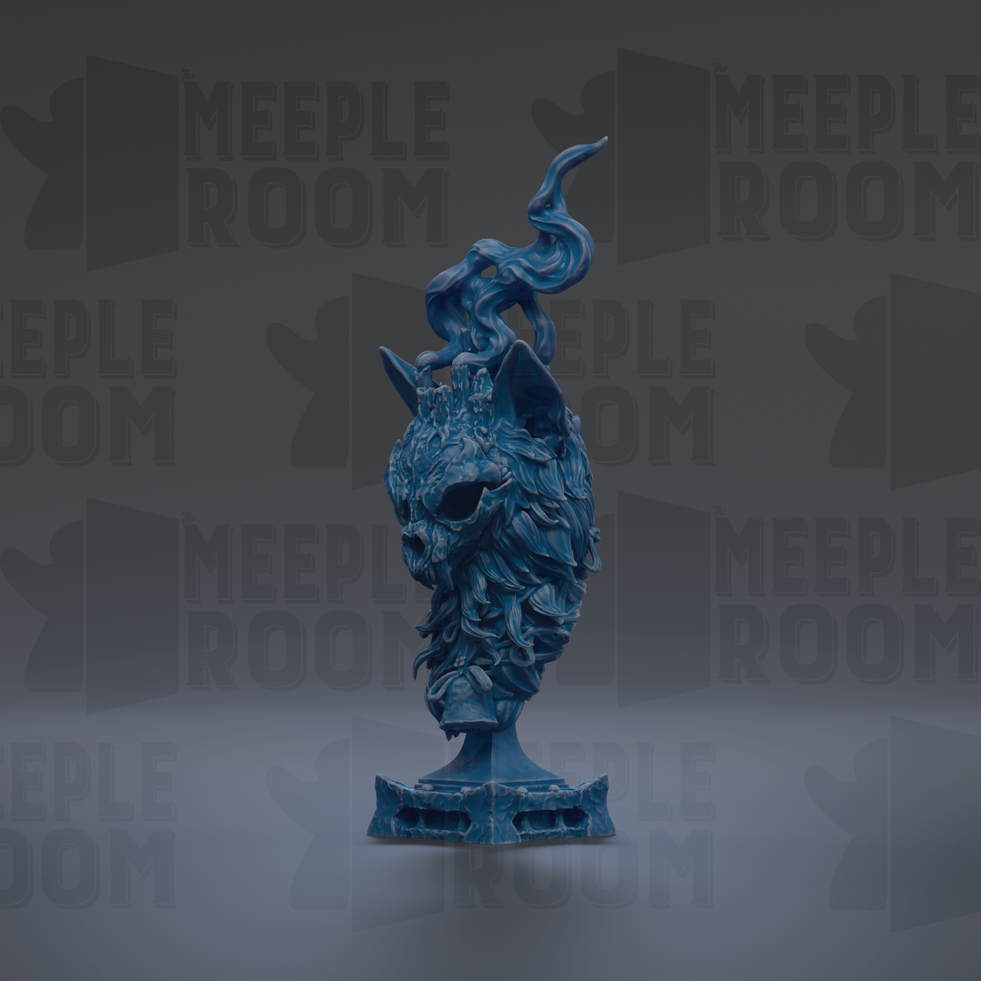 A blue, abstract sculpture with a stylized, flowing design stands prominently against a dark background with repeated "MEIPLE ROOM" text.