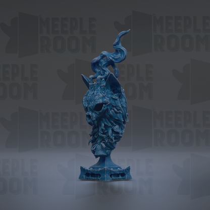 A blue, abstract sculpture with a stylized, flowing design stands prominently against a dark background with repeated "MEIPLE ROOM" text.