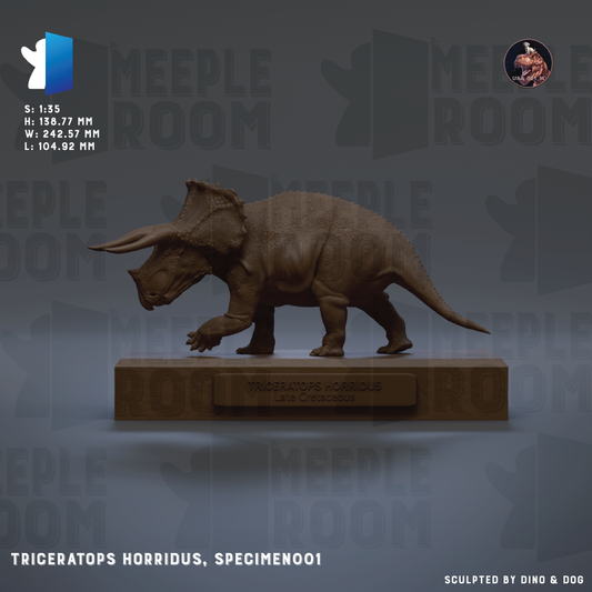 The image is a 3D model of a Triceratops Horridus, specifically a specimen of species specimen01, displayed on a wooden base.