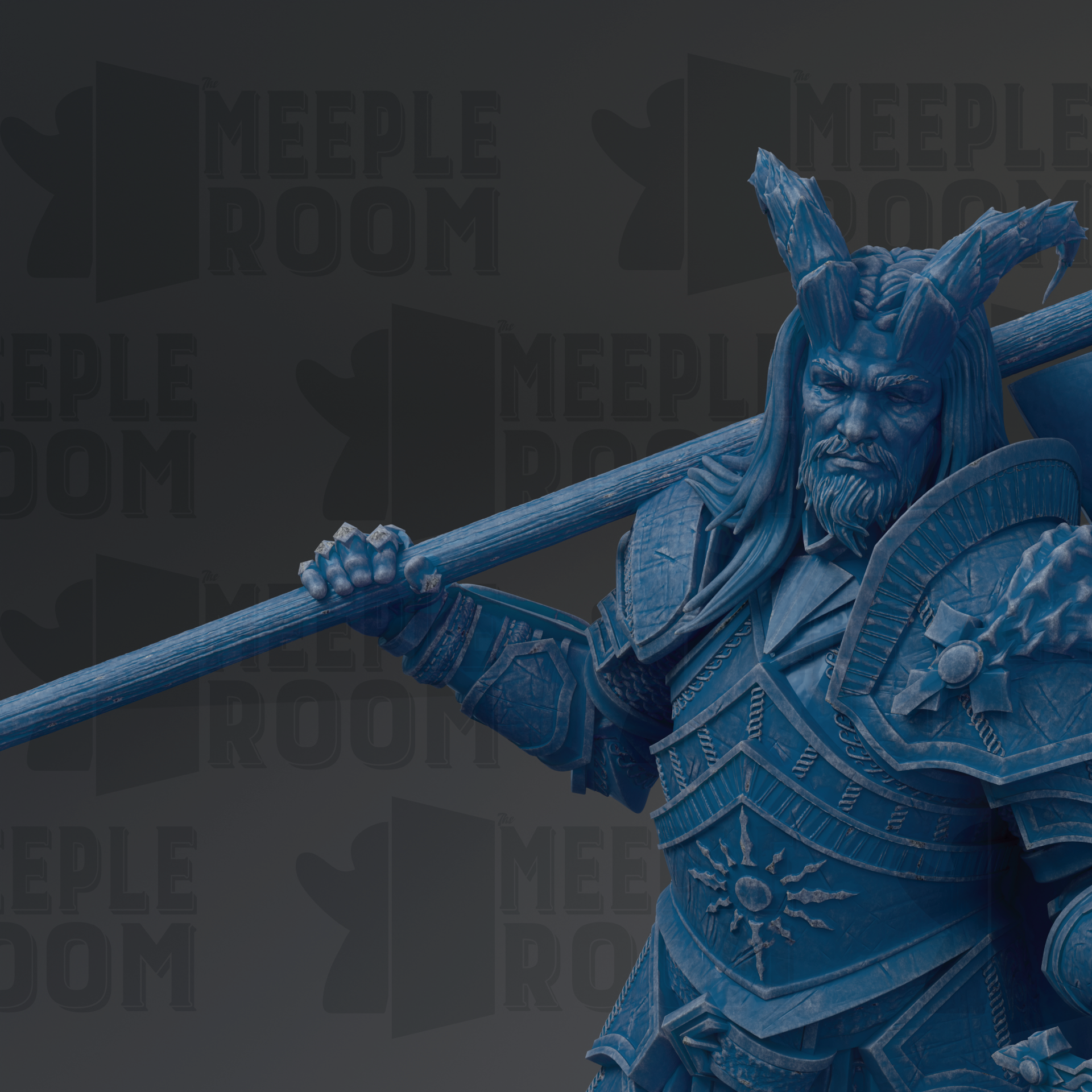 A detailed blue statue of a warrior figure holding a spear and shield, with a serious expression on their face.