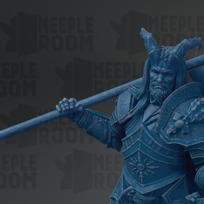 A detailed blue statue of a warrior figure holding a spear and shield, with a serious expression on their face.