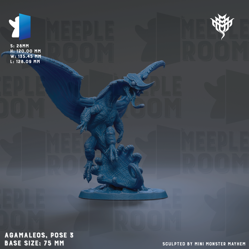 a blue figurine of a winged creature, possibly a dragon or mythical creature, posed in a dynamic fighting stance. The figurine is described as a "base size: 75 mm" and is shown against a dark background with the text "MEUPLEROOM" repeated multiple times. The image is a collage of multiple images, and the phrase "S. 7.8mm H. 120.00 mm W. 55.75mm L: 158.09mm" is also present.