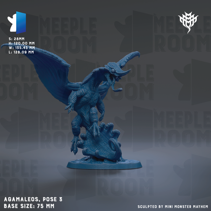 a blue figurine of a winged creature, possibly a dragon or mythical creature, posed in a dynamic fighting stance. The figurine is described as a "base size: 75 mm" and is shown against a dark background with the text "MEUPLEROOM" repeated multiple times. The image is a collage of multiple images, and the phrase "S. 7.8mm H. 120.00 mm W. 55.75mm L: 158.09mm" is also present.