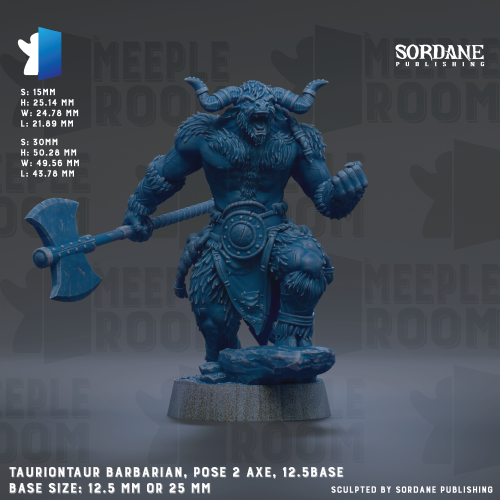 The image is a detailed 3D rendering of a Tauriontaurian barbarian figure, posed with a 2-axle and a 12.5-base base size of either 12.5 mm or 25 mm.