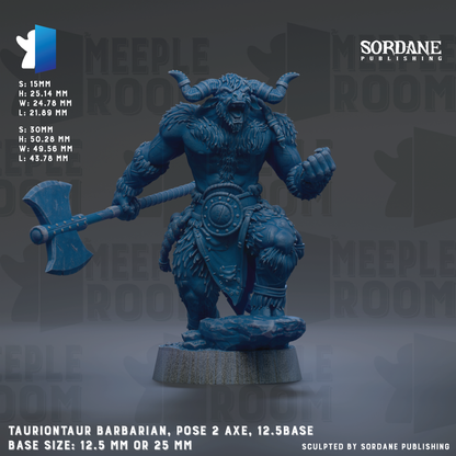 The image is a detailed 3D rendering of a Tauriontaurian barbarian figure, posed with a 2-axle and a 12.5-base base size of either 12.5 mm or 25 mm.