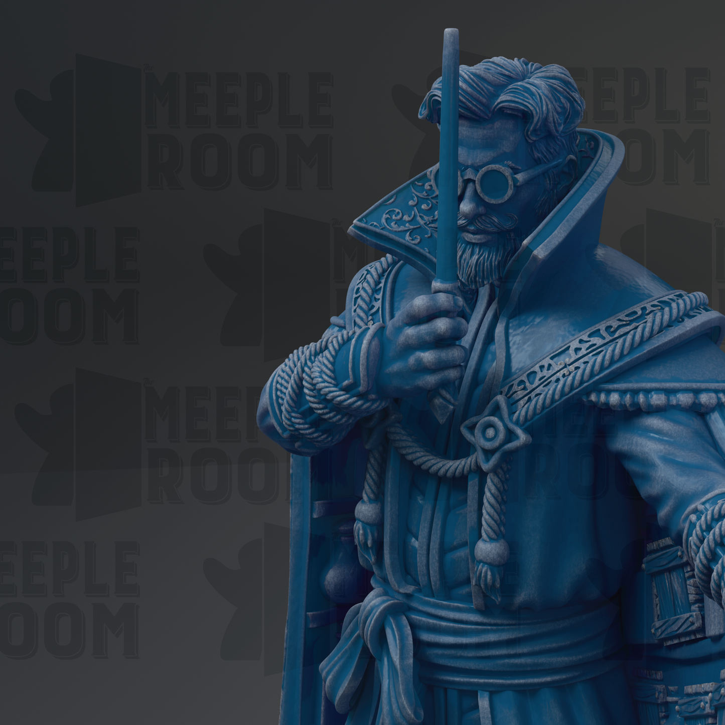 A blue statue of a man holding a sword and wearing a robe with a star emblem.