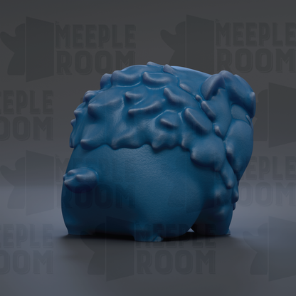 A 3D rendering of a blue, textured object resembling a small, furry creature or animal.