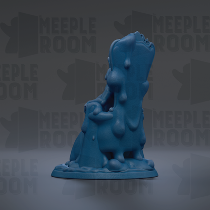 A blue, abstract sculpture with a dripping, dripping, dripping appearance, set against a dark background with repeated text.