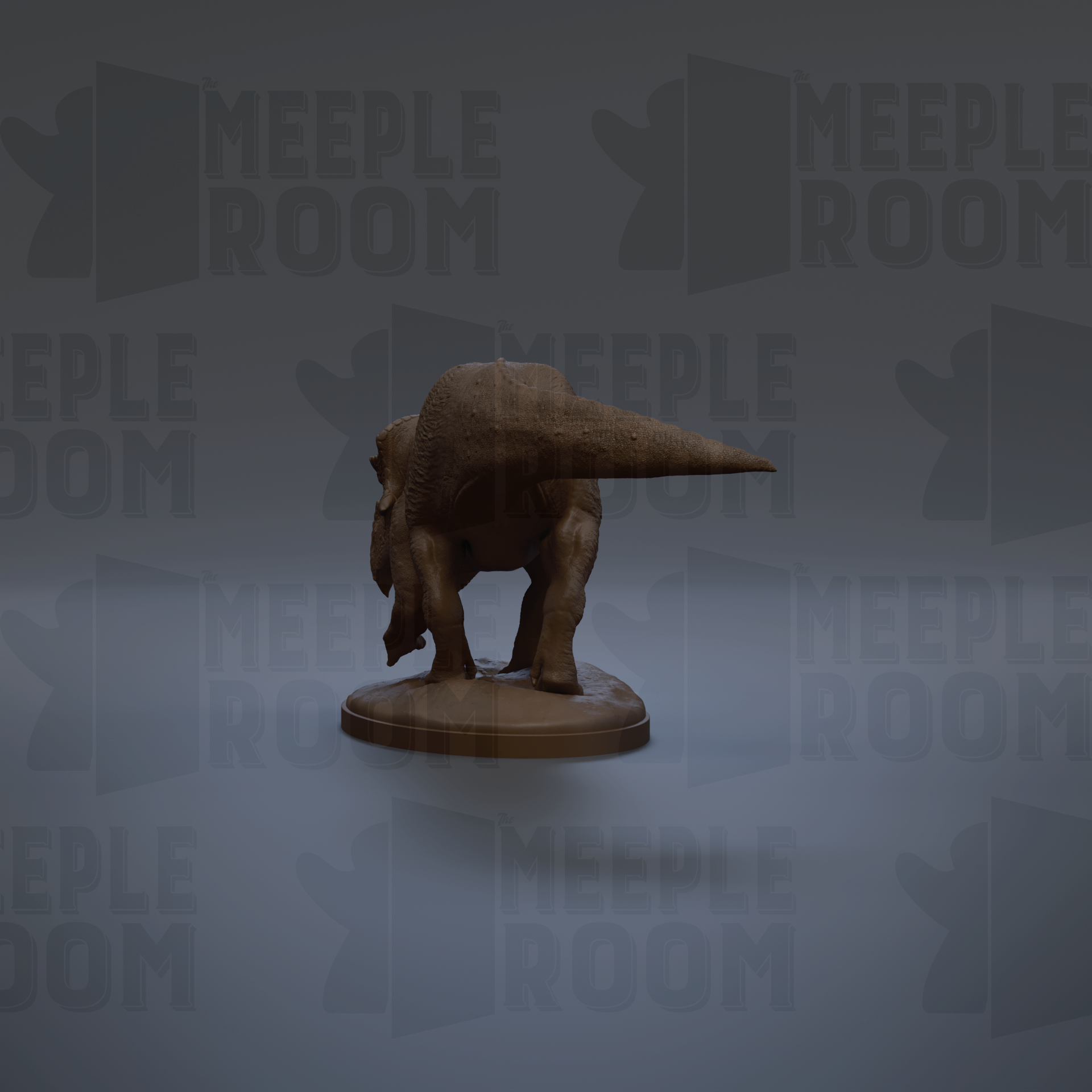 A 3D rendering of a dinosaur figurine is shown against a dark background with repeated text.