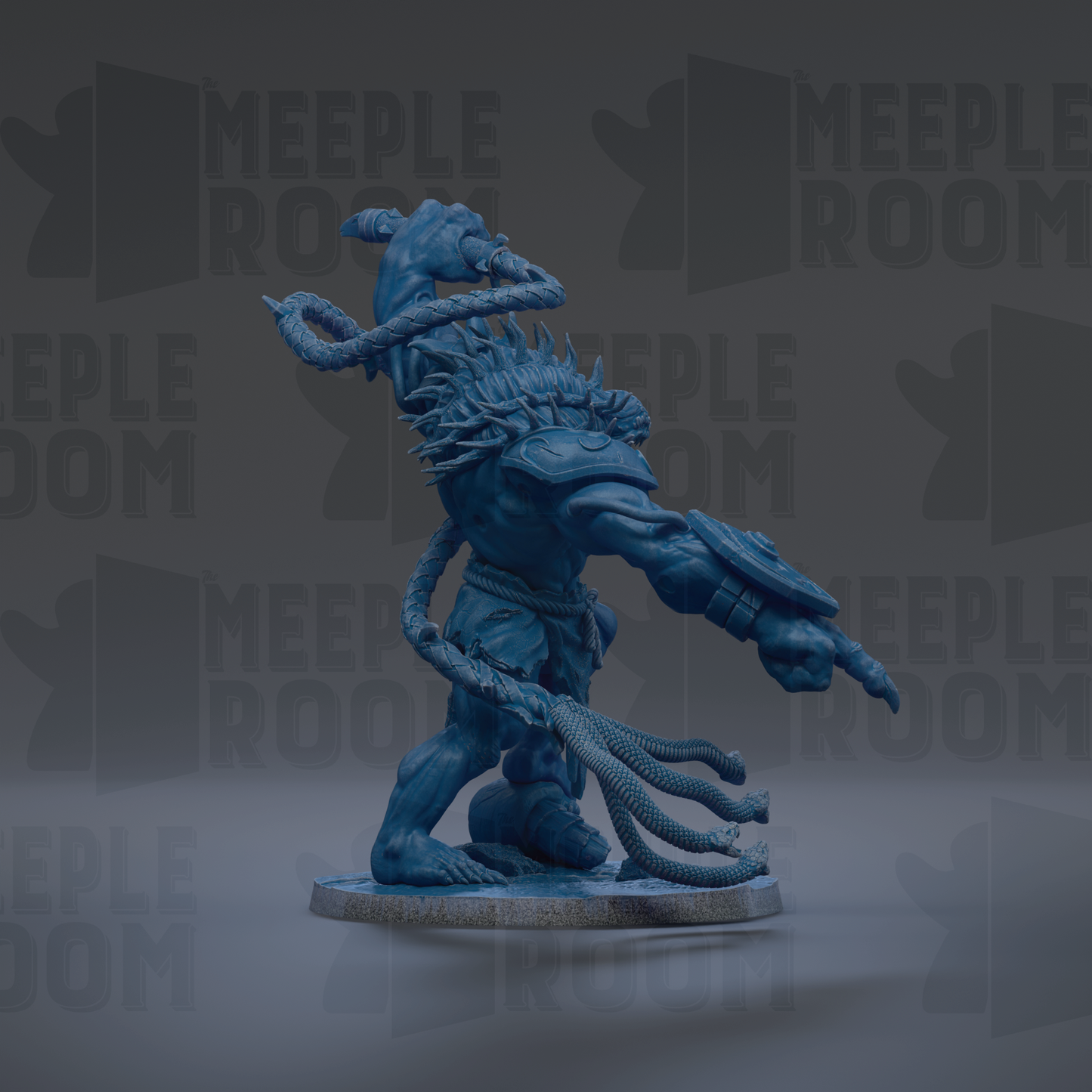 A blue, armored figurine with a large head and a long, coiled weapon, standing on a gray base.