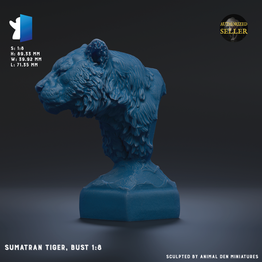The image is a bust of a Sumatran Tiger, specifically Bust 1:8, which is a miniature figurine of a tiger.