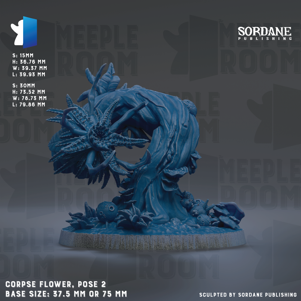 The image is a promotional poster for a "CPSE Flower" figurine, which is a poseable figurine designed to resemble a flower. The figurine is shown in a pose that resembles a flower, with various elements such as leaves and petals. The poster provides information about the figurine, including its base size, which is either 37.5 mm or 75 mm. The poster also mentions that the sculpture is "Sculpted by Sordane Publishing".