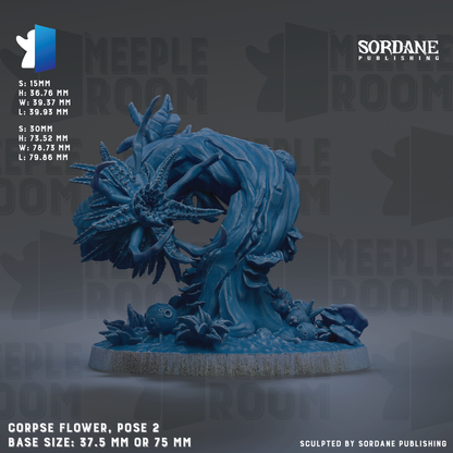 The image is a promotional poster for a "CPSE Flower" figurine, which is a poseable figurine designed to resemble a flower. The figurine is shown in a pose that resembles a flower, with various elements such as leaves and petals. The poster provides information about the figurine, including its base size, which is either 37.5 mm or 75 mm. The poster also mentions that the sculpture is "Sculpted by Sordane Publishing".