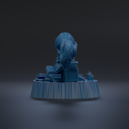 A blue, abstract sculpture resembling a brain or skull, surrounded by various objects such as books and a television set, all set against a dark background.