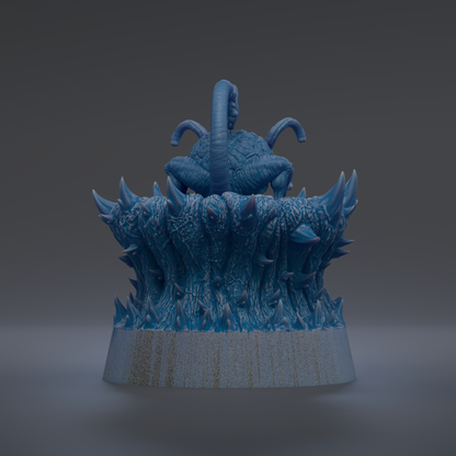 A 3D rendering of a blue, fantastical creature with a long, curved body and sharp, pointed features, sitting atop a structure with spikes and spikes protruding from it.