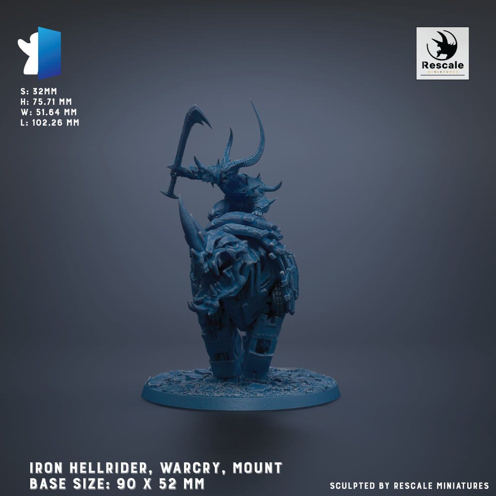 a figurine of an Iron Hellrider, a character from the video game series "Warcry". The figurine is mounted on a base and is depicted in a dynamic pose, holding a sword in its hand. The base sizes of the figurine are 90 x 52 mm. The image is a 3D rendering of the figurine, and it is described as being sculpted by Rescale miniatures.
