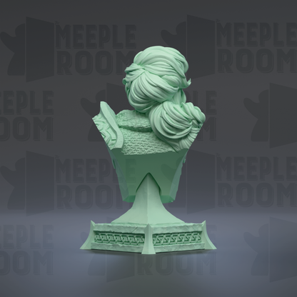 A green bust sculpture with intricate details and a stylized hairstyle is displayed against a dark background with repeated text.