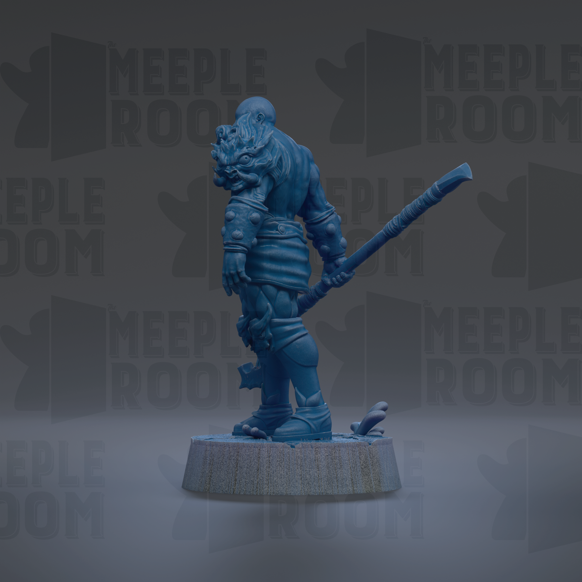 A blue figurine of a warrior standing on a pedestal, holding a weapon.