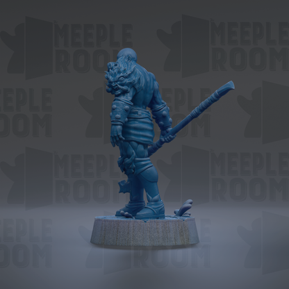 A blue figurine of a warrior standing on a pedestal, holding a weapon.