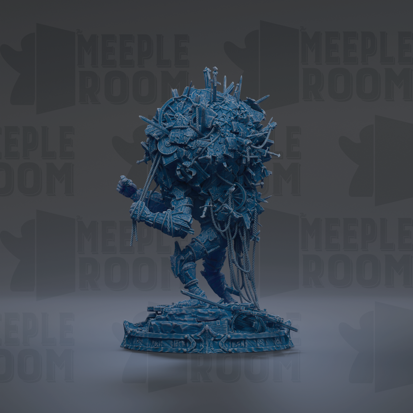 a large, intricate statue of a blue, metallic creature with a complex, tangled structure. The statue is set against a dark background with repeated text that reads "MEUPLE ROOM".