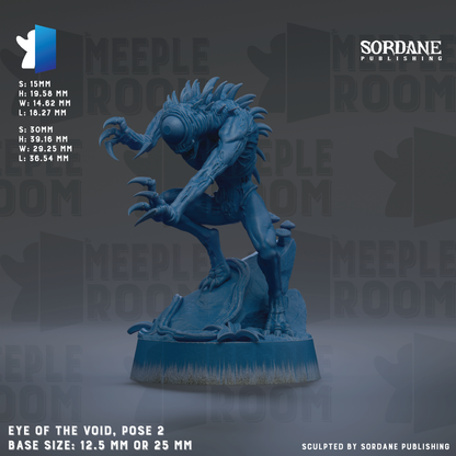 a blue figurine of a creature with sharp claws and a menacing expression, standing on a rock. The creature appears to be a monster or a dragon-like being, with a menacing pose. The image is described as a "Eye of the Void" and is shown in various sizes, including a base size of 2.5 mm or 25 mm. The image is a collage of multiple images, and it is described as being "sculpted by Sordane Publishing".