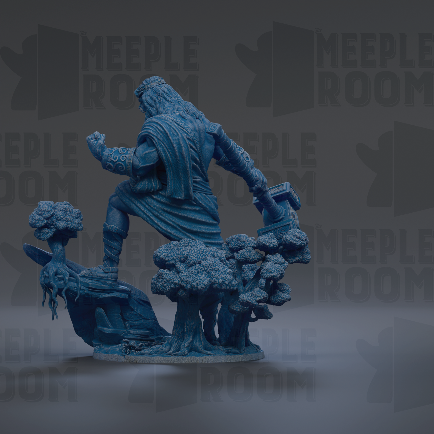 A blue statue of a man with long hair and a flowing robe, standing on a rock and holding a sword, against a dark background with repeated text.