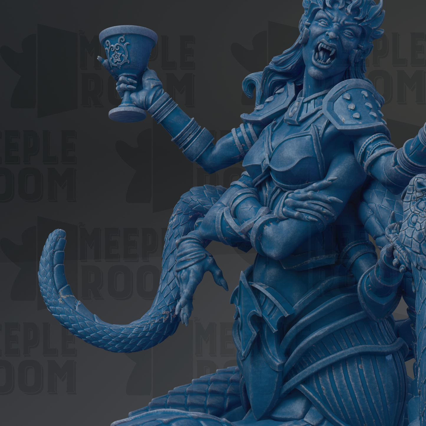 A close-up of a blue statue depicting a fierce-looking female warrior figure with a cup in her hand, holding a snake.