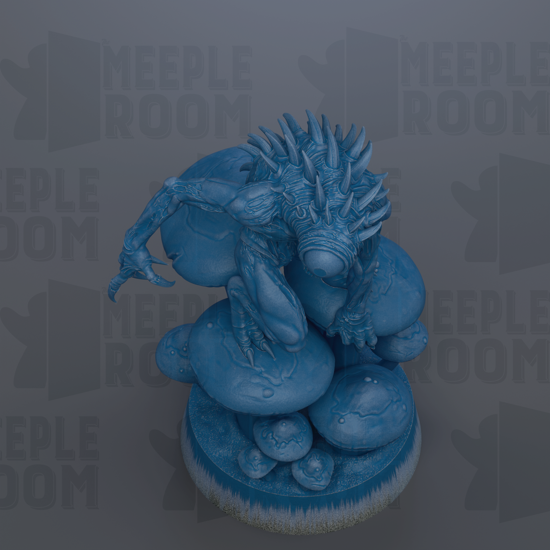 A blue, spiky creature with sharp claws and a pointed head is depicted in the image.