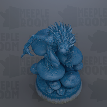 A blue, spiky creature with sharp claws and a pointed head is depicted in the image.
