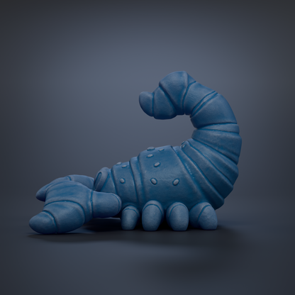 A blue, 3D-rendered toy scorpion is shown against a dark background.