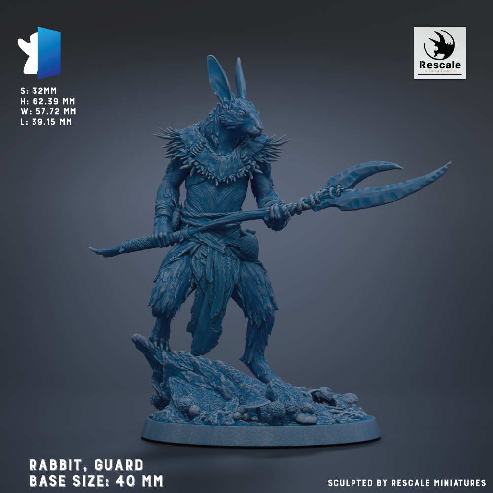 a blue, furry statue of a rabbit-like creature with a large weapon, standing on a rock formation.