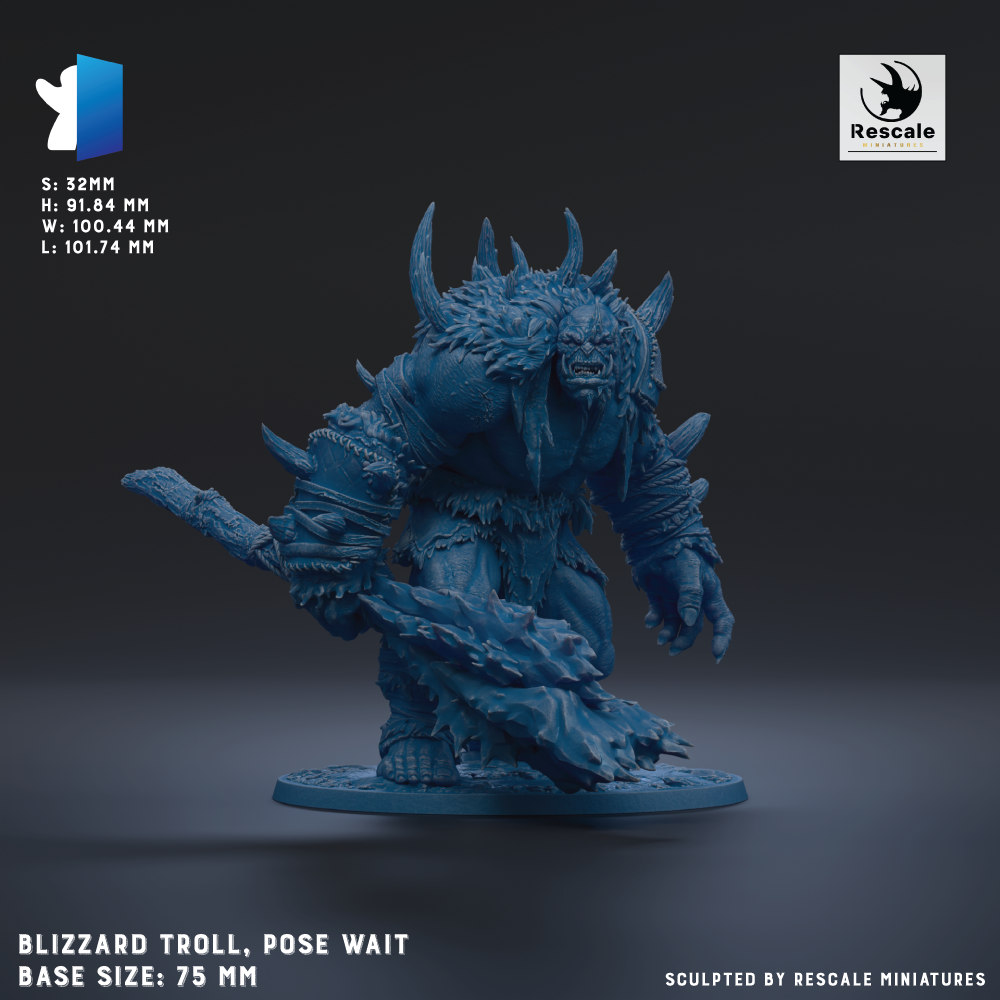 A 3D model of a blue, armored troll-like creature with spikes and a large head, posed in a waiting stance. The base size of the model is 7.5 mm.