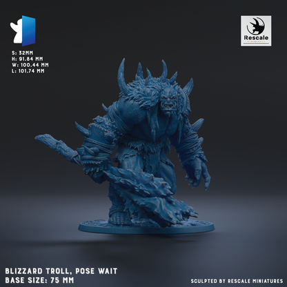 A 3D model of a blue, armored troll-like creature with spikes and a large head, posed in a waiting stance. The base size of the model is 7.5 mm.