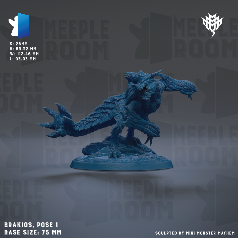 The image is a 3D rendering of a blue, clawed creature resembling a meek dragon or sea monster, positioned on a base. The creature is shown in a dynamic pose, with its claws extended and its body angled. The image is described as a "meek dragon" or "meek sea monster" and is shown in a 3D rendering. The base size is 75 millimeters, and the image is described as a "collage of multiple images" and "sculpted by mini monster Mayhem".