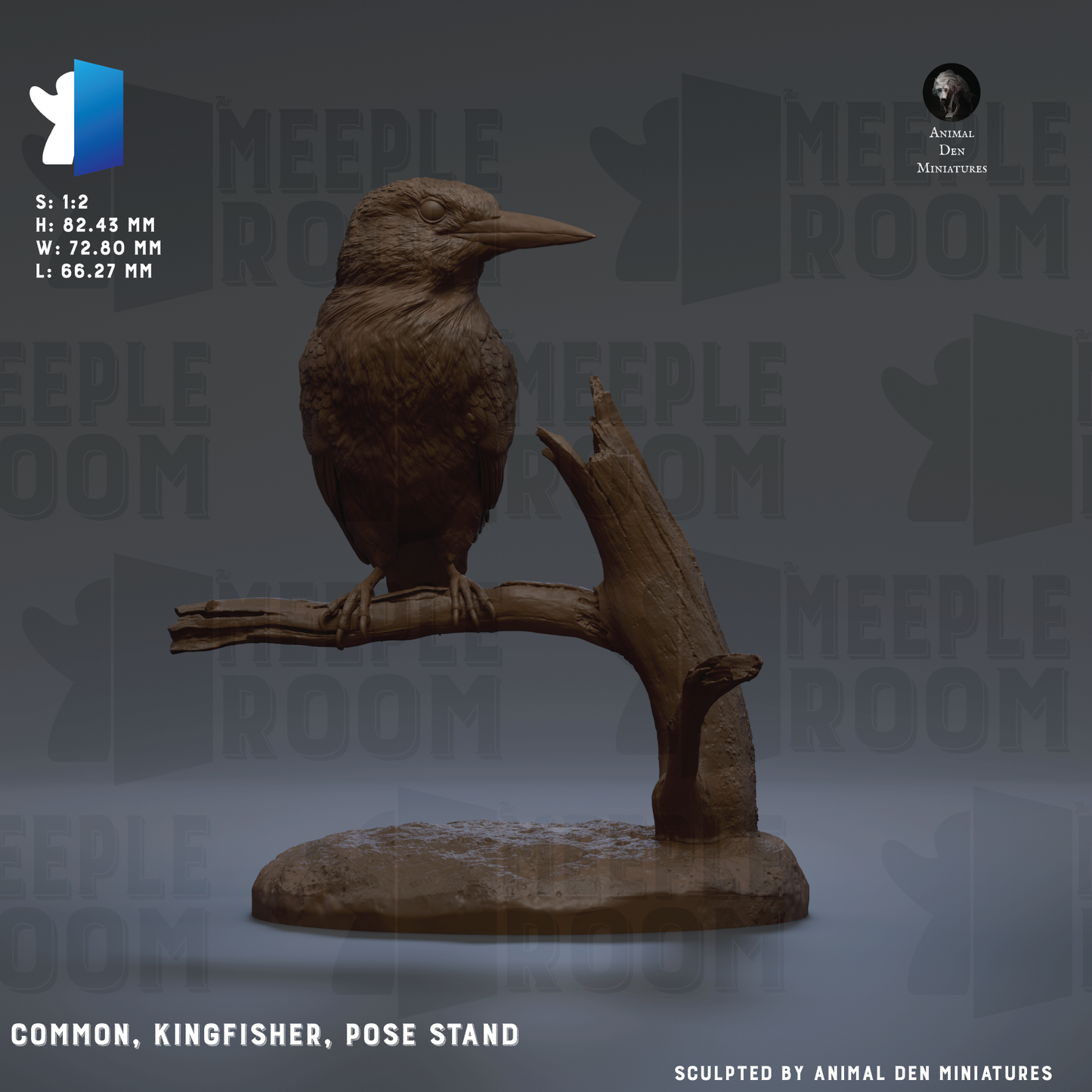 The image is a 3D rendering of a bird statue, specifically a kingfisher, posed on a branch. The statue is made of a dark material and is displayed on a stand. The background of the image is a dark color, which contrasts with the statue and makes it stand out. The image is a collage of multiple images, and it is described as a "common, kingfisher, pose stand" and "sculpted by animal den miniatures".