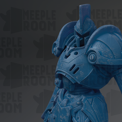A blue, heavily armored robot figure stands prominently against a dark background with repeated "MEUPLE ROOM" text.