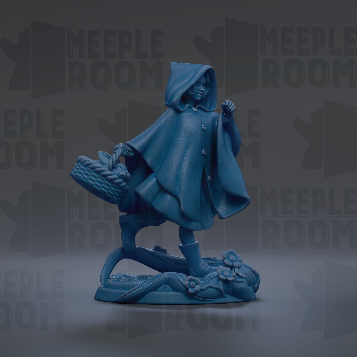 A blue figurine of a person wearing a hooded cloak and carrying a basket, standing on a rock with flowers.