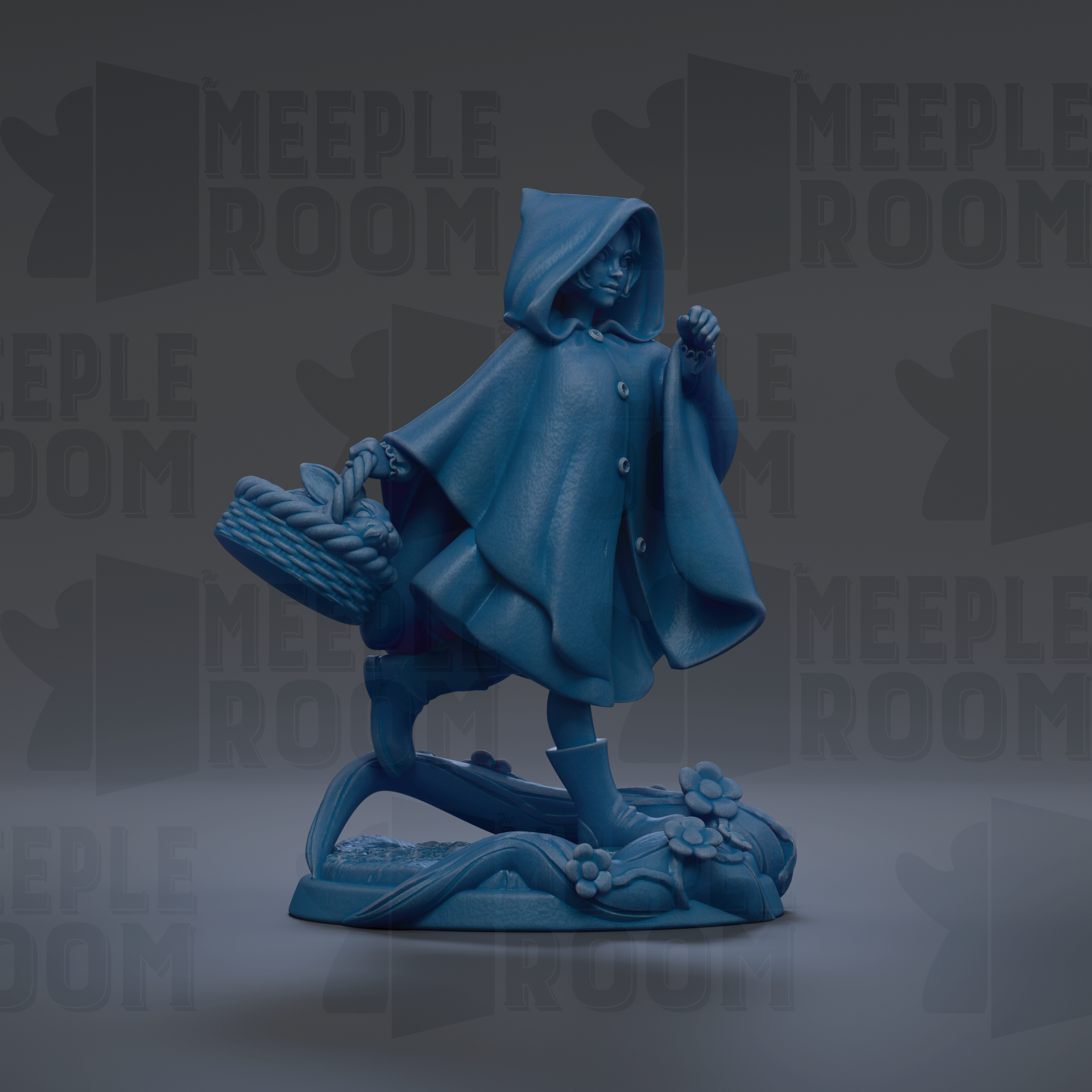 A blue figurine of a person wearing a hooded cloak and carrying a basket, standing on a rock with flowers.