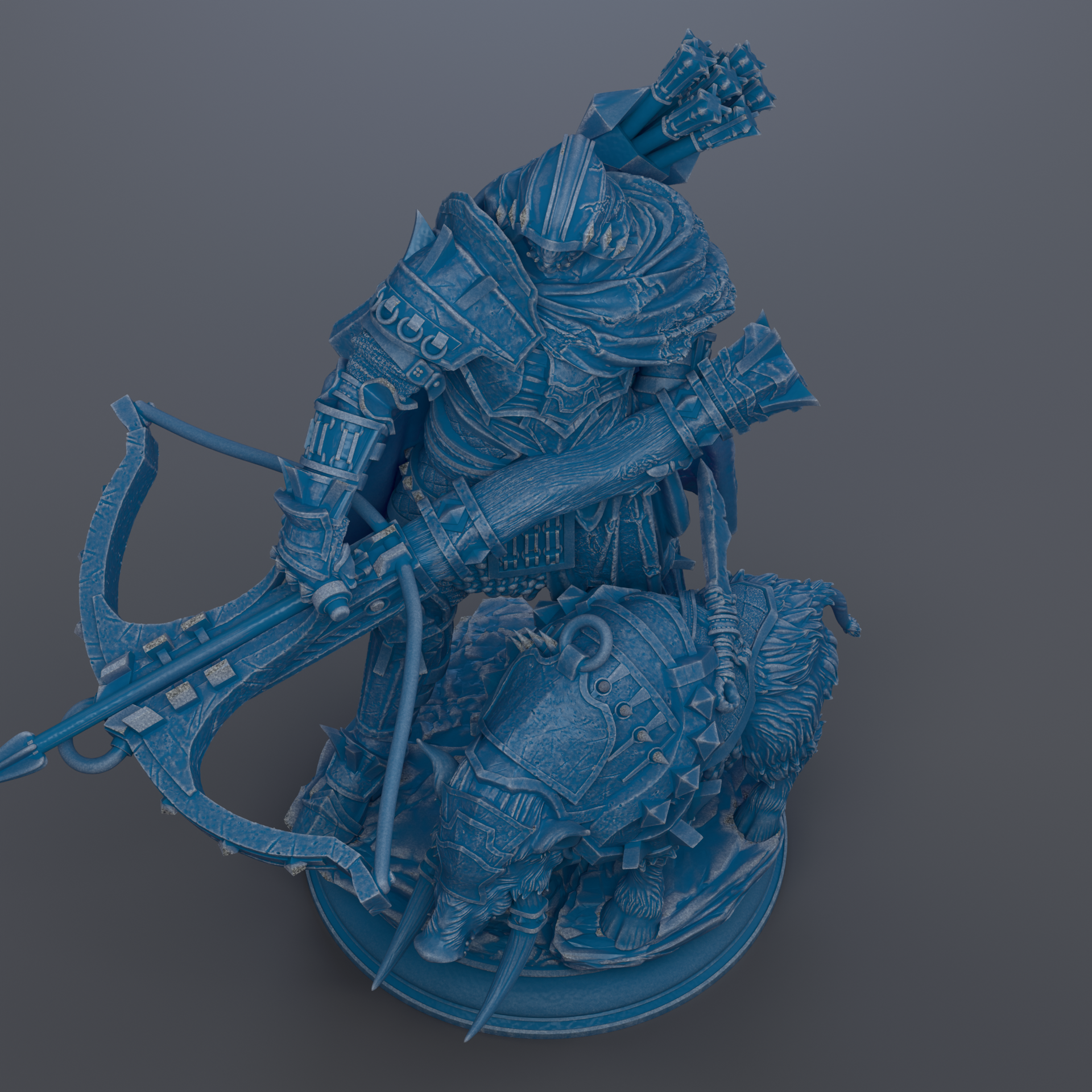 A 3D rendering of a heavily armored and armed warrior figure, wielding a large weapon and standing atop a smaller, armored animal.