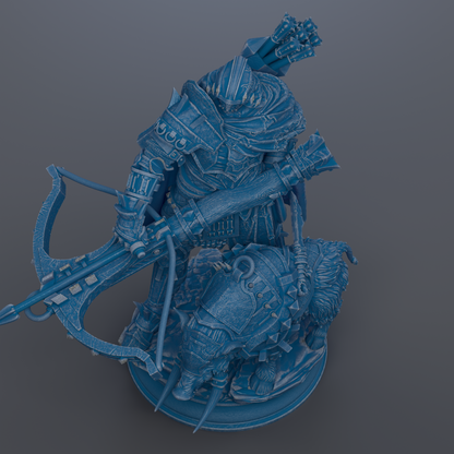 A 3D rendering of a heavily armored and armed warrior figure, wielding a large weapon and standing atop a smaller, armored animal.