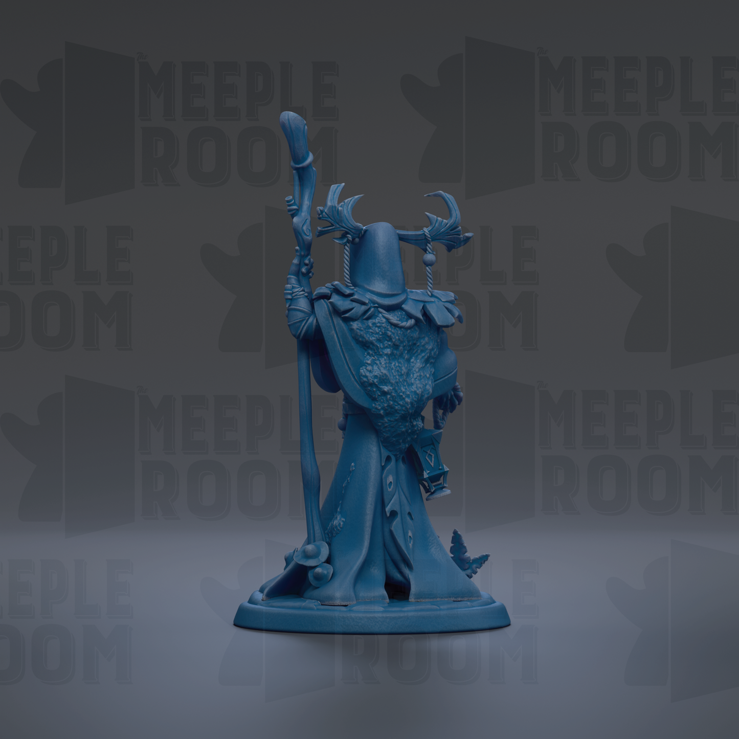 A blue figurine of a wizard or magical figure, holding a staff and wearing ornate robes and headdress, standing against a dark background with repeated text.