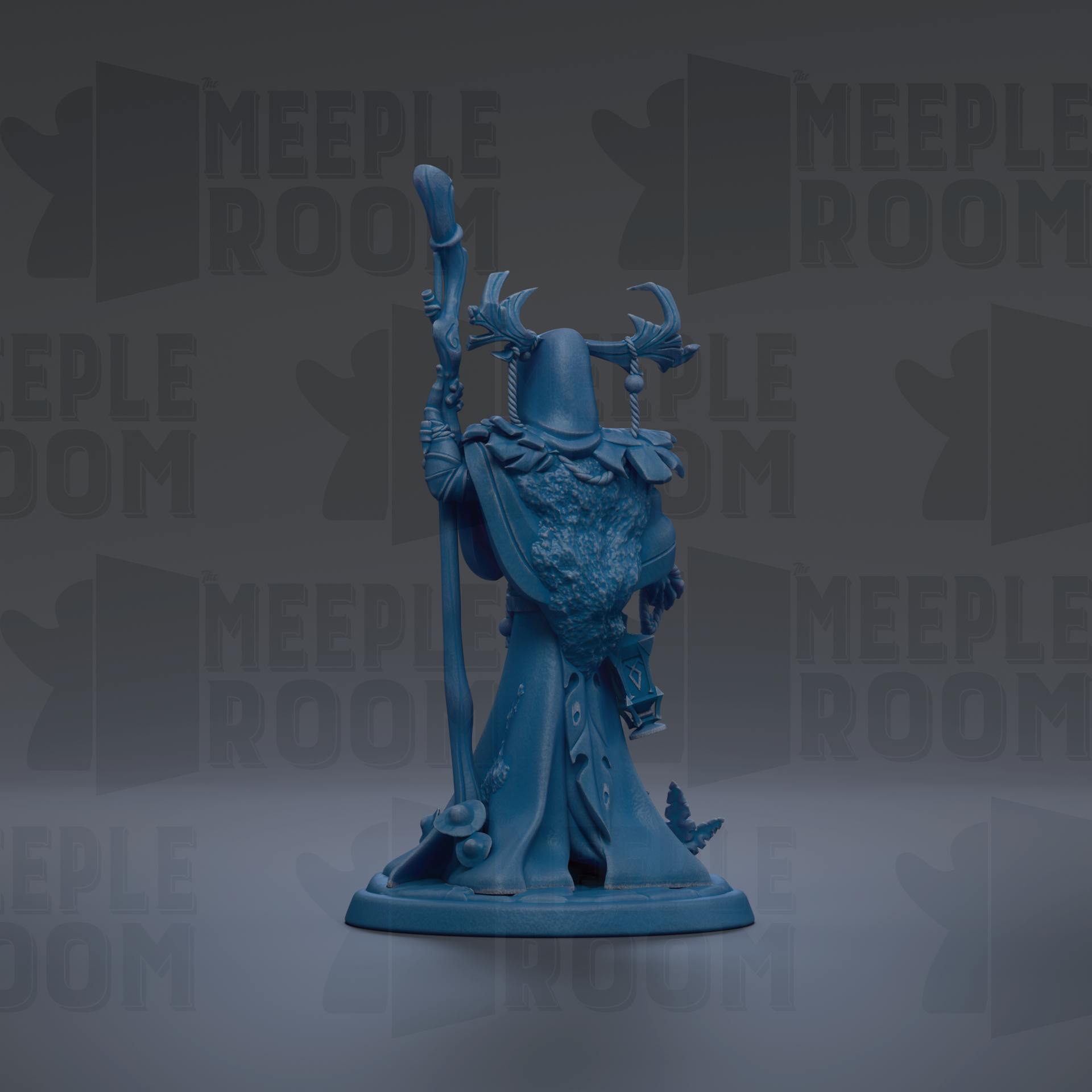A blue figurine of a wizard or magical figure, holding a staff and wearing ornate robes and headdress, standing against a dark background with repeated text.