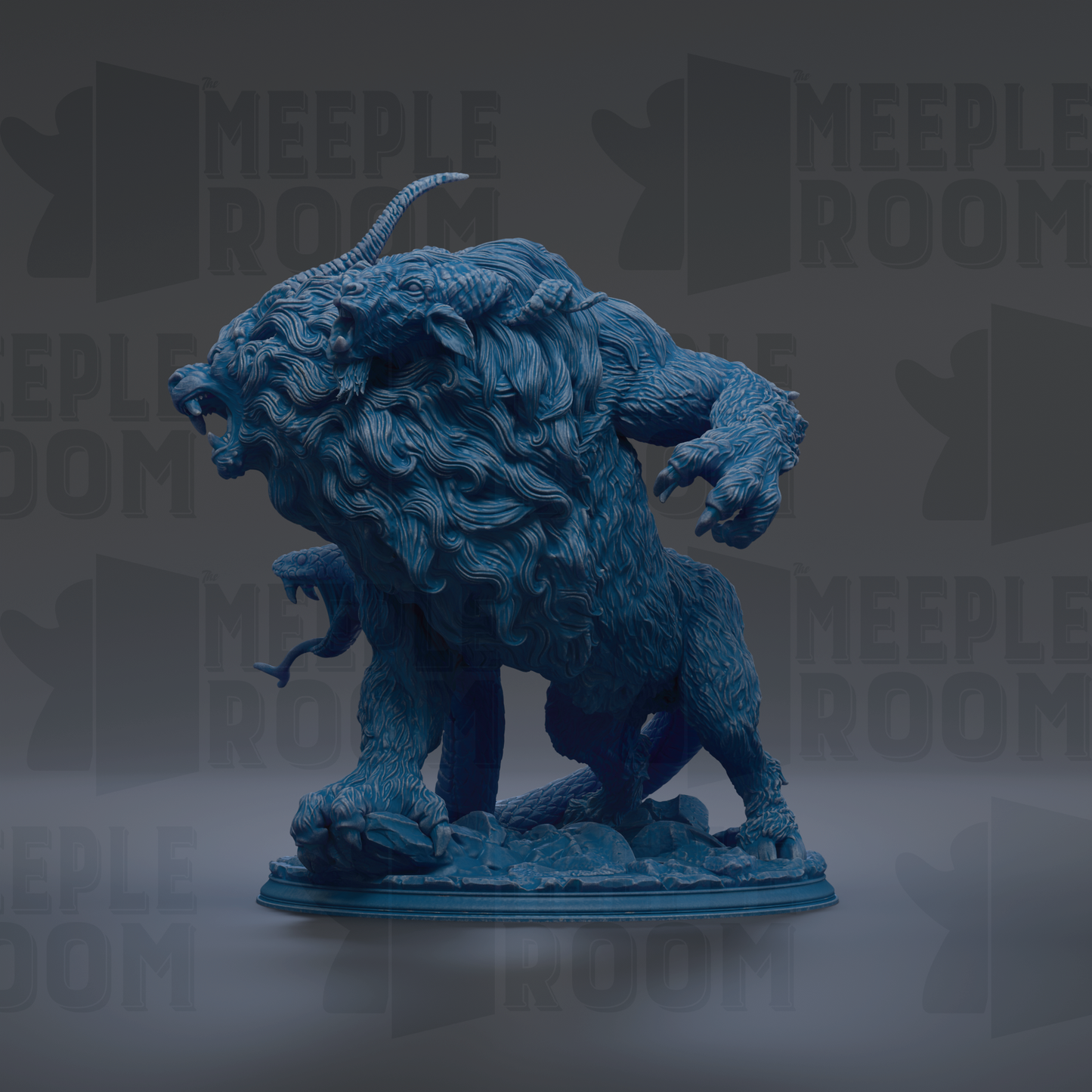 A large, detailed statue of a fierce-looking creature with horns and a fierce expression, standing on a pedestal.