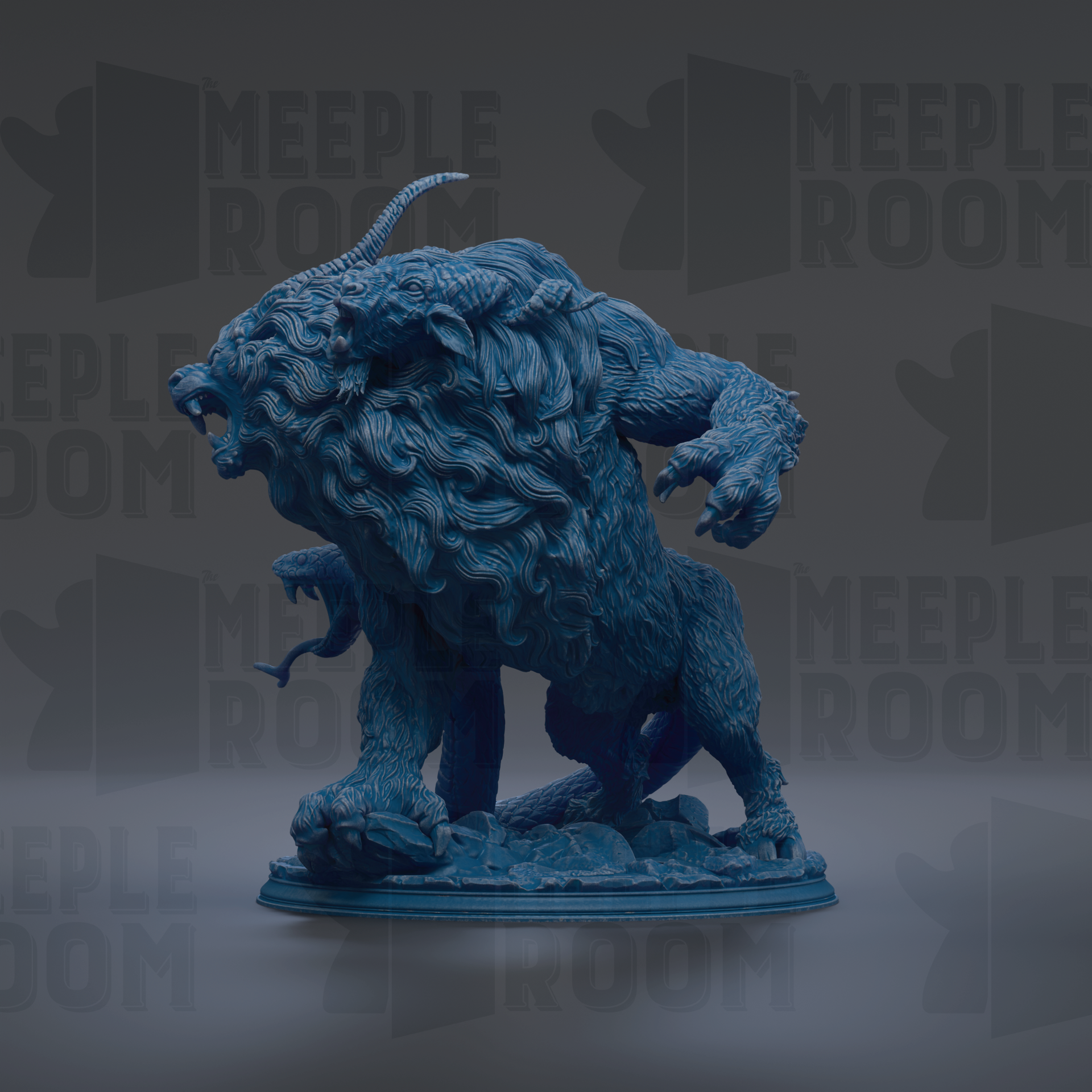 A large, detailed statue of a fierce-looking creature with horns and a fierce expression, standing on a pedestal.