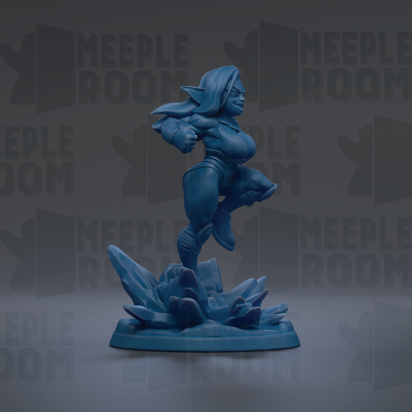 A blue figurine of a female character is shown in a dynamic pose, standing on a base with a rocky terrain.