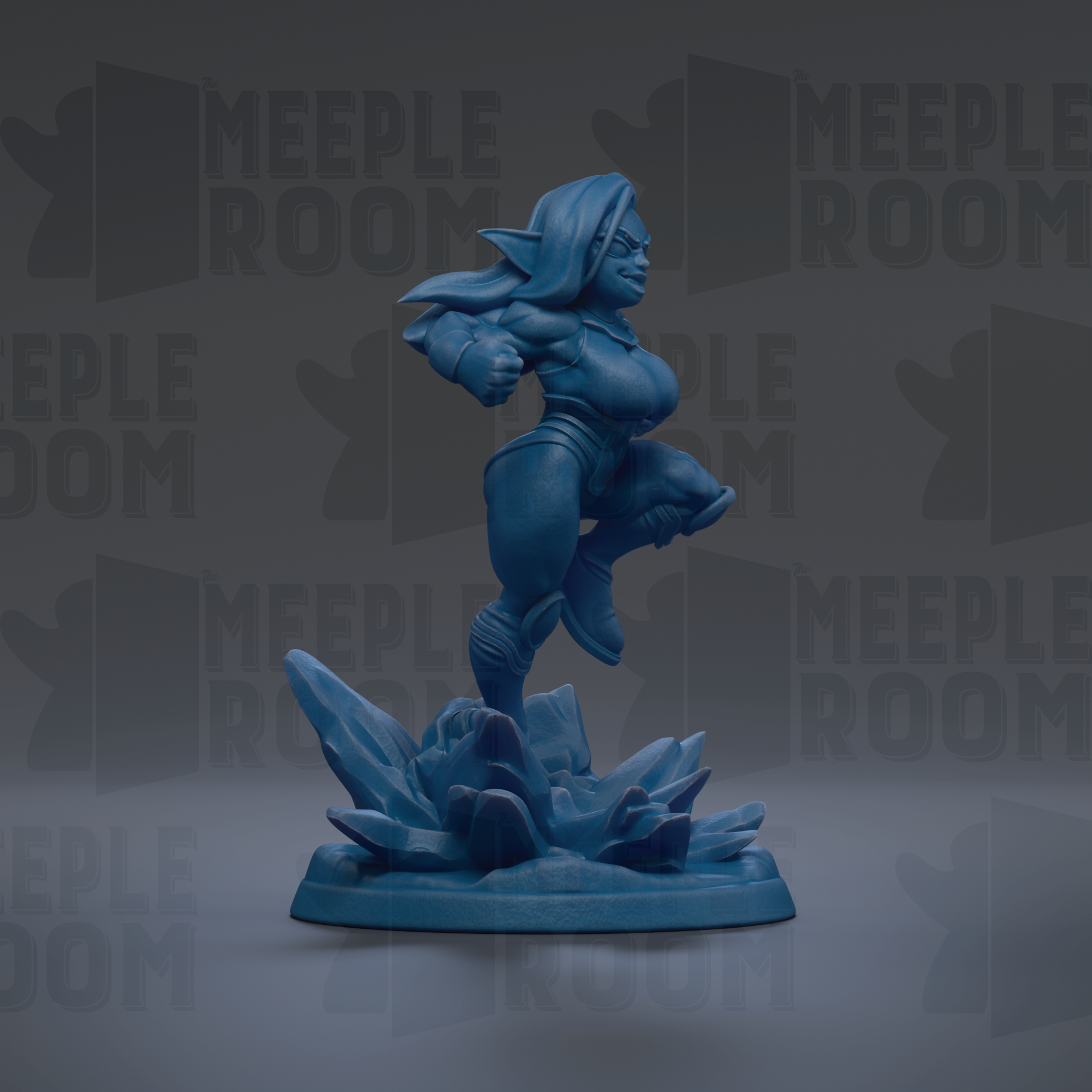 A blue figurine of a female character is shown in a dynamic pose, standing on a base with a rocky terrain.
