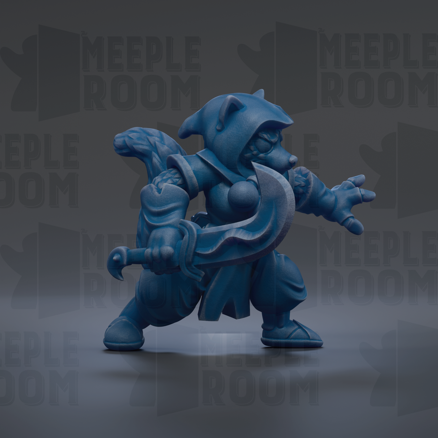 A blue, cartoonish-looking character with a pointed hat and a sword, standing in a fighting stance.