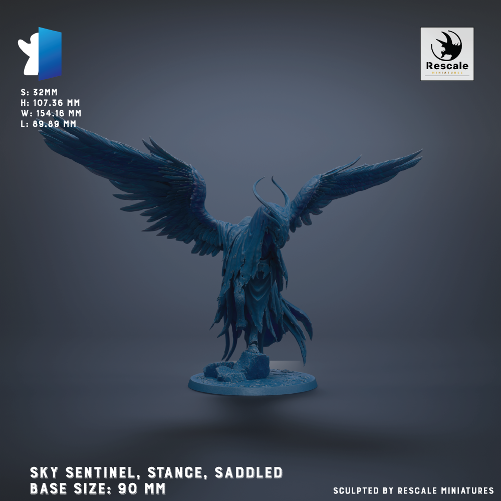 A detailed 3D model of a blue bird statue with outstretched wings, standing on a base. The statue appears to be a model of a bird, possibly a sentinel or a stance. The image is described as a "SKY SENTINEL, STANCE, SADDLE" and is "BASE SIZES: 90 MM". The image is described as a "SCULPTED BY RESCALE MINIATURES" and is "LOW THAN 500 CHARACTERS".