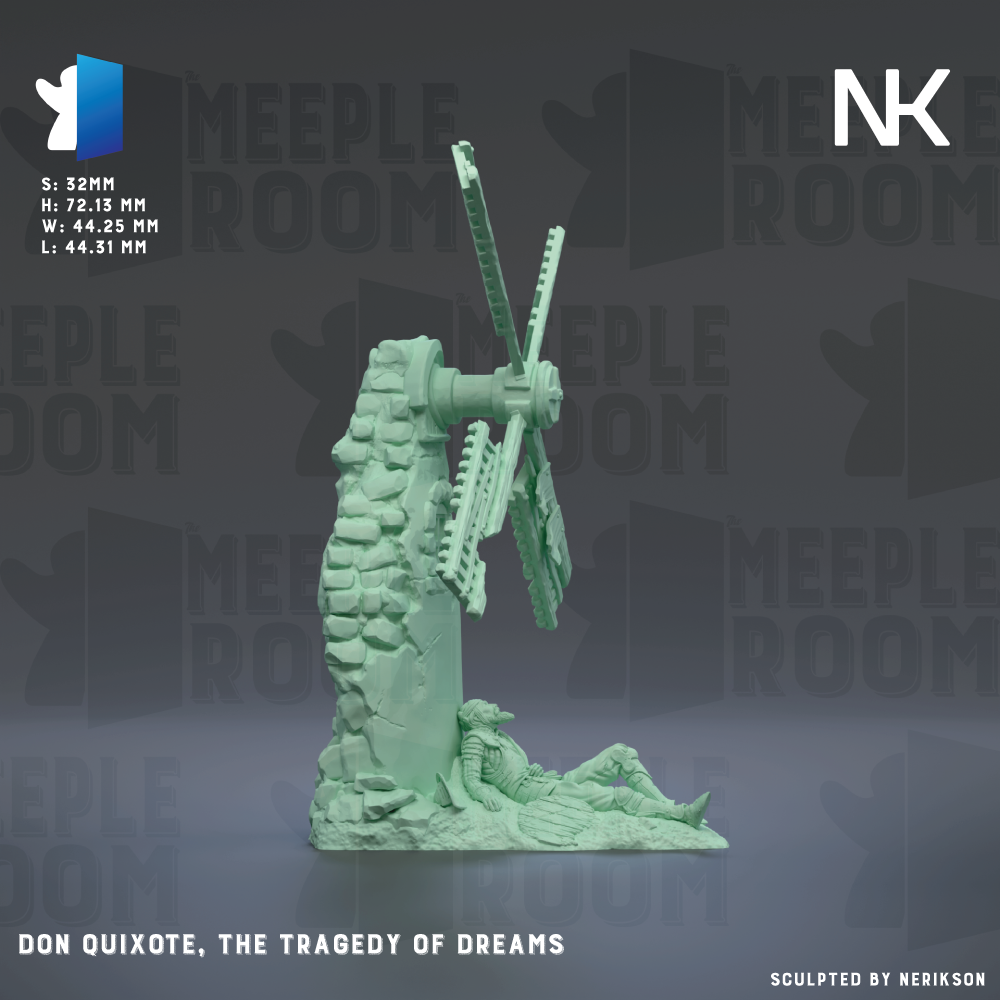 a green sculpture of a windmill with a person lying on the ground in front of it. The sculpture is titled "Don Quixote, The Tragedy of Dreams".